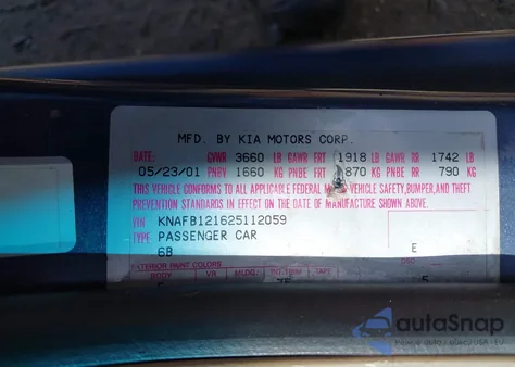 2002 Kia Spectra Ls from USA, damaged, VIN KNAFB121625112059